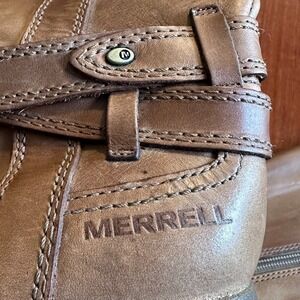 Merrell Brindle Leather Boots Womens 6.5 Brown Good J48534 Mid Calf Zip Strappy